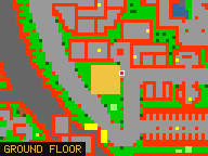 Map of Radiant Plaza 4 in Yalahar: the house is highlighted in gold, the red mark is the entrance.