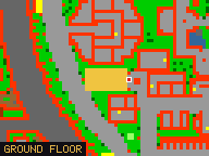 Map of Radiant Plaza 3 in Yalahar: the house is highlighted in gold, the red mark is the entrance.