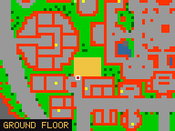 Map of Radiant Plaza 2 in Yalahar: the house is highlighted in gold, the red mark is the entrance.