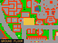 Map of Radiant Plaza 1 in Yalahar: the house is highlighted in gold, the red mark is the entrance.
