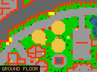 Map of Halls of Serenity in Yalahar: the house is highlighted in gold, the red mark is the entrance.