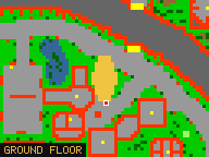 Map of Fortune Wing 4 in Yalahar: the house is highlighted in gold, the red mark is the entrance.