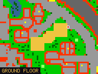 Map of Fortune Wing 1 in Yalahar: the house is highlighted in gold, the red mark is the entrance.