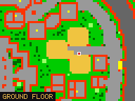 Map of Cascade Towers in Yalahar: the house is highlighted in gold, the red mark is the entrance.