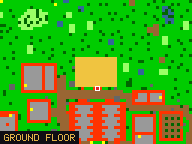 Map of Big Game Hunter's Lodge in Port Hope: the house is highlighted in gold, the red mark is the entrance.