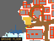 Map of Glacier Side 3 in Svargrond: the house is highlighted in gold, the red mark is the entrance.