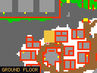 Map of Spirit Homes 1 in Svargrond: the house is highlighted in gold, the red mark is the entrance.
