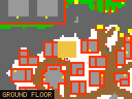 Map of Spirit Homes 2 in Svargrond: the house is highlighted in gold, the red mark is the entrance.