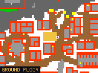 Map of Arena Walk 2 in Svargrond: the house is highlighted in gold, the red mark is the entrance.