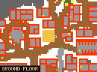 Map of Arena Walk 1 in Svargrond: the house is highlighted in gold, the red mark is the entrance.