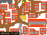 Map of Bears Paw 2 in Svargrond: the house is highlighted in gold, the red mark is the entrance.