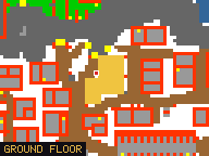 Map of Crystal Glance in Svargrond: the house is highlighted in gold, the red mark is the entrance.