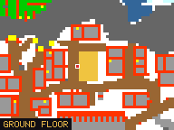 Map of Shady Rocks 2 in Svargrond: the house is highlighted in gold, the red mark is the entrance.
