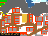 Map of Shady Rocks 3 in Svargrond: the house is highlighted in gold, the red mark is the entrance.