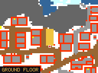 Map of Shady Rocks 4 (Shop) in Svargrond: the house is highlighted in gold, the red mark is the entrance.