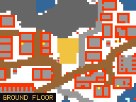 Map of Shady Rocks 5 in Svargrond: the house is highlighted in gold, the red mark is the entrance.