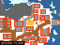 Map of Tusk Flats 2 in Svargrond: the house is highlighted in gold, the red mark is the entrance.