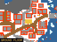 Map of Tusk Flats 1 in Svargrond: the house is highlighted in gold, the red mark is the entrance.