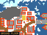 Map of Tusk Flats 3 in Svargrond: the house is highlighted in gold, the red mark is the entrance.