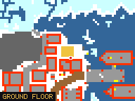 Map of Tusk Flats 5 in Svargrond: the house is highlighted in gold, the red mark is the entrance.
