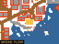 Map of Corner Shop (Shop) in Svargrond: the house is highlighted in gold, the red mark is the entrance.