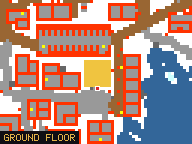 Map of Bears Paw 5 in Svargrond: the house is highlighted in gold, the red mark is the entrance.