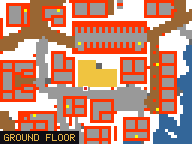 Map of Bears Paw 4 in Svargrond: the house is highlighted in gold, the red mark is the entrance.