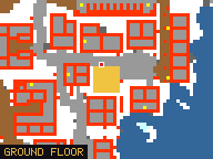 Map of Trout Plaza 2 in Svargrond: the house is highlighted in gold, the red mark is the entrance.