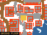Map of Trout Plaza 1 in Svargrond: the house is highlighted in gold, the red mark is the entrance.