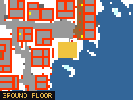 Map of Trout Plaza 5 (Shop) in Svargrond: the house is highlighted in gold, the red mark is the entrance.