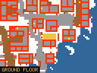 Map of Trout Plaza 3 in Svargrond: the house is highlighted in gold, the red mark is the entrance.