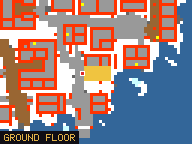 Map of Trout Plaza 4 in Svargrond: the house is highlighted in gold, the red mark is the entrance.