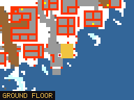 Map of Skiffs End 2 in Svargrond: the house is highlighted in gold, the red mark is the entrance.