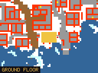 Map of Skiffs End 1 in Svargrond: the house is highlighted in gold, the red mark is the entrance.