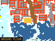 Map of Furrier Quarter 3 in Svargrond: the house is highlighted in gold, the red mark is the entrance.