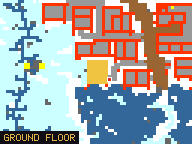 Map of Fimbul Shelf 4 in Svargrond: the house is highlighted in gold, the red mark is the entrance.