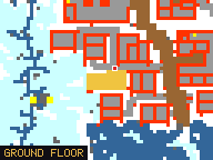 Map of Fimbul Shelf 3 in Svargrond: the house is highlighted in gold, the red mark is the entrance.
