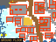 Map of Furrier Quarter 1 in Svargrond: the house is highlighted in gold, the red mark is the entrance.
