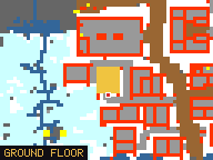 Map of Fimbul Shelf 2 in Svargrond: the house is highlighted in gold, the red mark is the entrance.