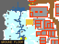Map of Fimbul Shelf 1 in Svargrond: the house is highlighted in gold, the red mark is the entrance.