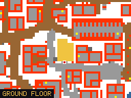 Map of Bears Paw 3 in Svargrond: the house is highlighted in gold, the red mark is the entrance.