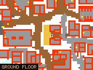 Map of Raven Corner 2 in Svargrond: the house is highlighted in gold, the red mark is the entrance.