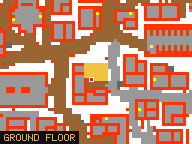 Map of Raven Corner 1 in Svargrond: the house is highlighted in gold, the red mark is the entrance.