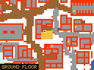 Map of Raven Corner 3 in Svargrond: the house is highlighted in gold, the red mark is the entrance.