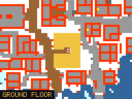 Map of Mammoth Belly in Svargrond: the house is highlighted in gold, the red mark is the entrance.