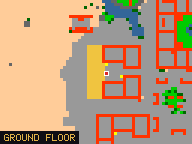 Map of Darashia 1, Flat 03 in Darashia: the house is highlighted in gold, the red mark is the entrance.