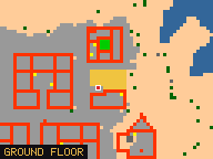 Map of Darashia 6a in Darashia: the house is highlighted in gold, the red mark is the entrance.