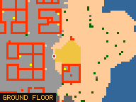 Map of Pirate Shipwreck 1 in Darashia: the house is highlighted in gold, the red mark is the entrance.