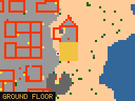 Map of Pirate Shipwreck 2 in Darashia: the house is highlighted in gold, the red mark is the entrance.