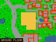 Map of The Shelter in Liberty Bay: the house is highlighted in gold, the red mark is the entrance.